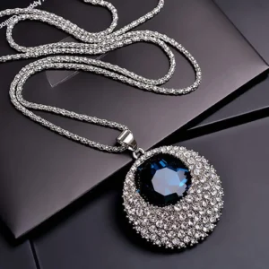 Chain Necklace Rhinestone Inlaid Vintage Long Round Pendant Necklace for Women