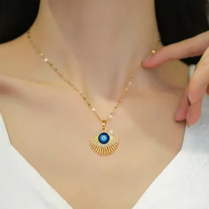 Cubic Zircon Hamsa Evil Blue Eye Necklace Stainless Steel Turkish Eye