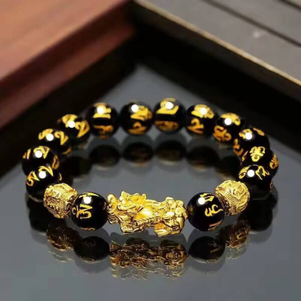 Feng Shui Bracelet Prosperity Double Pi Xiu/Pi Yao Black Mantra Bead Bracelet with Golden Dice Attract Wealth and Good Luck