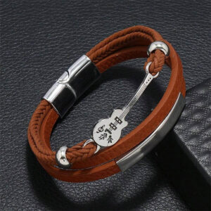 Punk Style Multi-Layer Men's Leather Bracelet with Guitar Charm