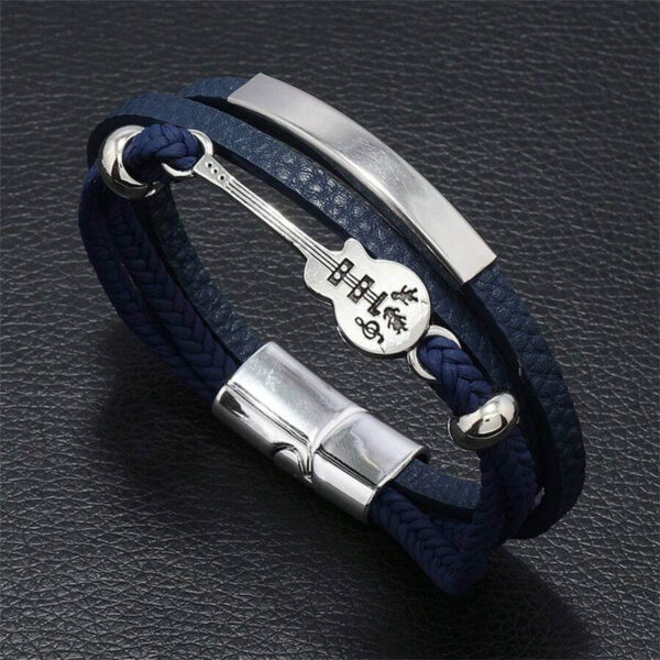 Punk Style Multi-Layer Men's Leather Bracelet with Guitar Charm in cadet blue colour buy in Kuwait Fashion accessories in hand