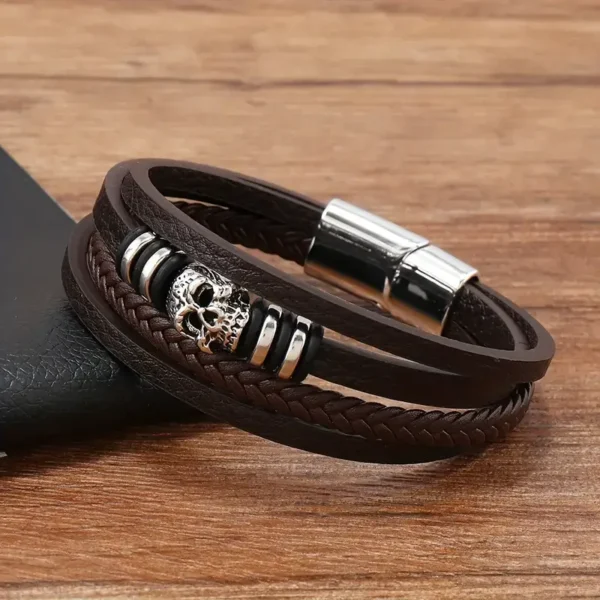 Buy Men's Fashion Accessories in Kuwait Punk Style Multi-Layer Men's Leather Bracelet with Skull Charm