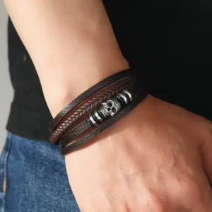 Buy Men's Fashion Accessories in Kuwait Punk Style Multi-Layer Men's Leather Bracelet with Skull Charm