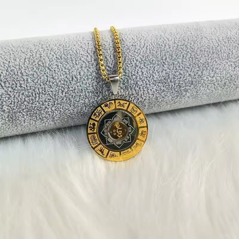 Buy_Chinese_Feng_Shui_Necklace_at_best_price_in_Kuwait_from_Sadiqti_fashion_18k_gold_plated_stainess_steel_fashion_accessories Thiland Feng Shui necklace Chinese Zodiac Diagram Necklace Yin Yang Taiji 12 Sun Signs Rotatable Pendant Taichi Bagua Religion Necklace Chines Feng Shui necklace Fashion accessories at best price in Kuwait Lucky charms at amazing price in Kuwait Buy 18K Gold palced Fashion accessories in Kuwait